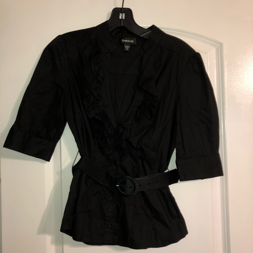 BEBE Belted Button Low-cut Blouse